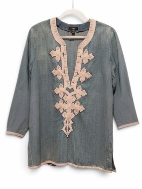 J. Crew Denim Chambray V-Neck Tunic with Cream Intricate Embroidery Size 12 NWT
